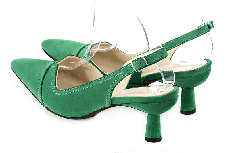 Emerald green women's slingback shoes. Tapered toe. Medium spool heels. Rear view - Florence KOOIJMAN